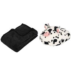 Foto van Fleece deken zwart 125 x 150 cm met voetenwarmer slof koe one size - voetenwarmers