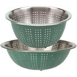 Foto van Rvs keuken vergiet/zeef - set met 2 formaten - groen - diameter 24 en 27 cm - vergieten