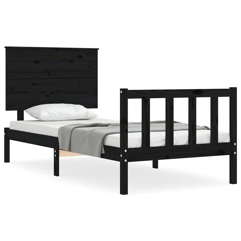 Foto van The living store massief grenen houten bedframe - 205.5 x 95.5 x 82.5 cm - zwart