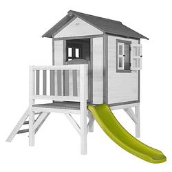 Foto van Axi beach lodge xl speelhuis op palen en groene glijbaan speelhuisje voor de tuin / buiten in grijs & wit van fsc hout