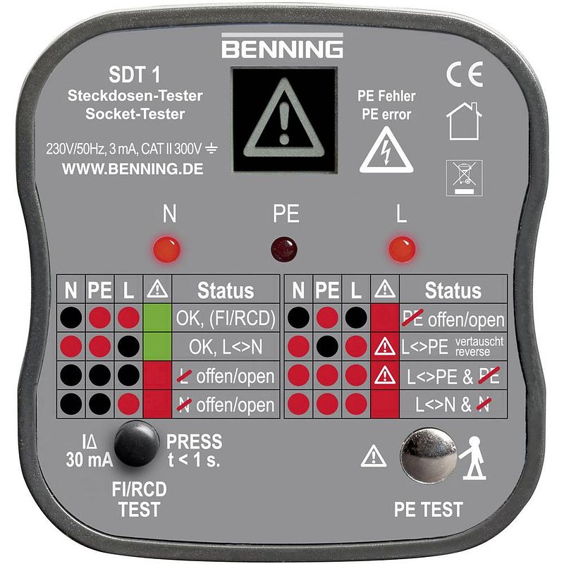 Foto van Benning sdt 1 stopcontacttester cat iii 300 v led, lcd