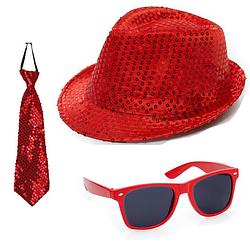 Foto van Carnaval verkleed set glitter hoed bril en stropdas rood - verkleedhoofddeksels