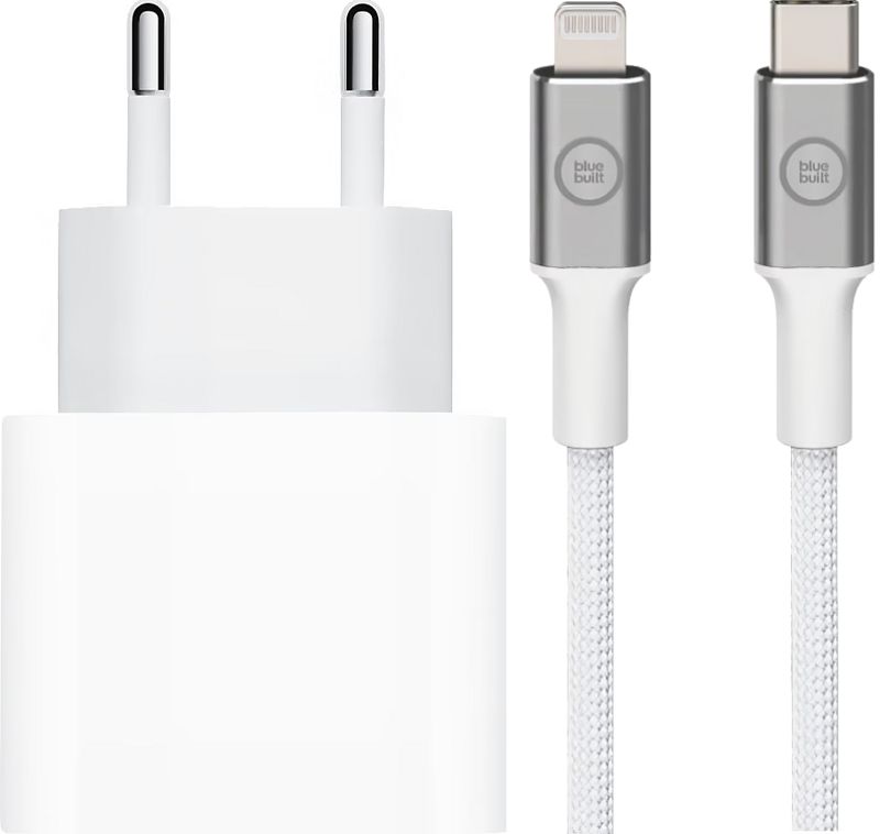 Foto van Apple power delivery oplader 20w + bluebuilt lightning kabel 3m nylon wit