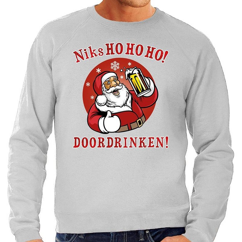 Foto van Foute kerstborrel trui / kersttrui zuipende kerstman niks ho ho ho doordrinken grijs voor heren 2xl (56) - kerst truien