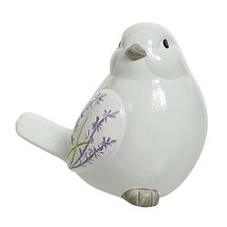 Foto van Decoratie dieren beeld vogel wit met lavendel bloemen met staart omlaag 9 cm - tuinbeelden