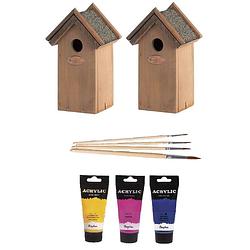 Foto van 2x houten vogelhuisje/nestkastje 22 cm - roze/geel/blauw dhz schilderen pakket - vogelhuisjes