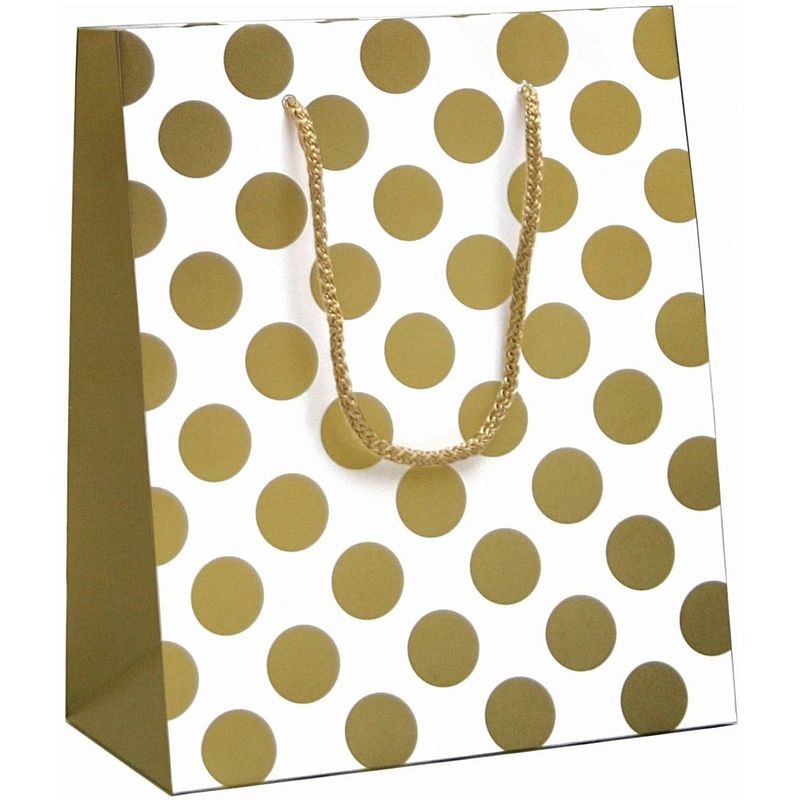 Foto van Luxe cadeautas met koord - 19 x 10 x 23 cm - big dots - gold - 12 stuks