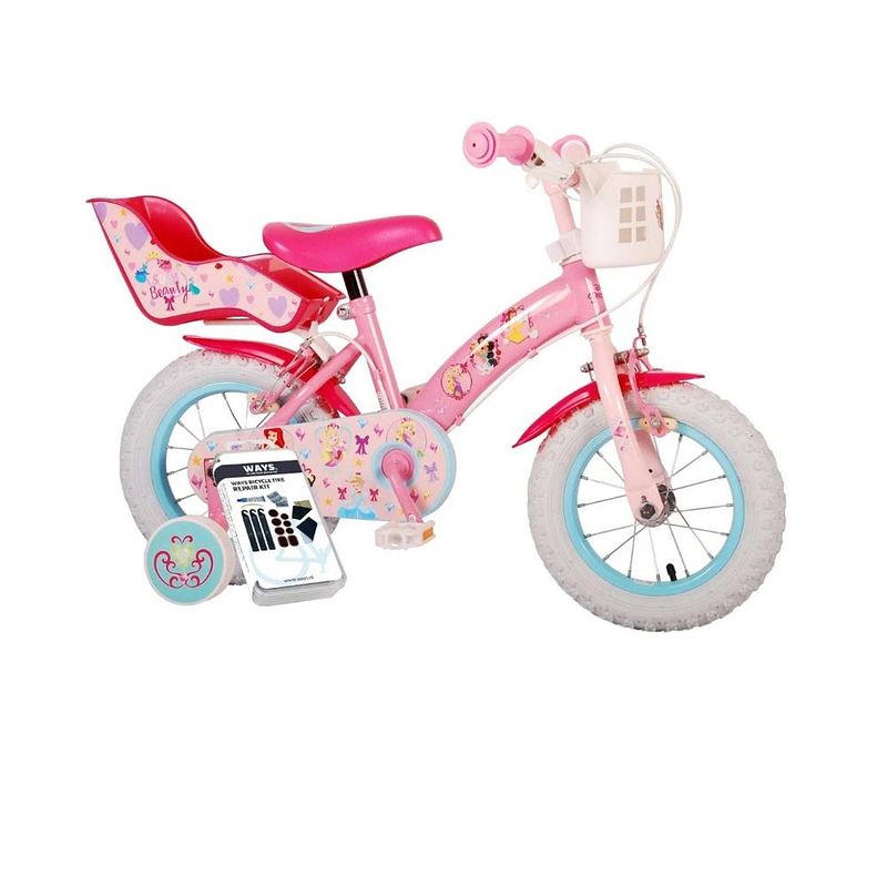 Foto van Volare kinderfiets disney princess - 12 inch - roze - twee handremmen - inclusief ways bandenplakset