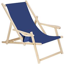 Foto van Ligbed strandstoel ligstoel verstelbaar armleuningen beukenhout handgemaakt marineblauw