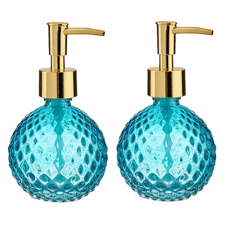 Foto van 2x stuks zeeppompjes/zeepdispensers blauw rond glas 200 ml - zeeppompjes