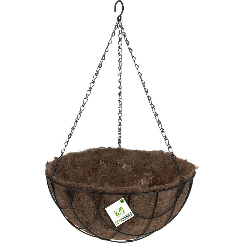 Foto van Metalen hanging basket / plantenbak zwart met ketting 30 cm - hangende bloemen - plantenbakken