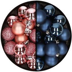 Foto van 36x stuks kunststof kerstballen roze en donkerblauw 3 en 4 cm - kerstbal