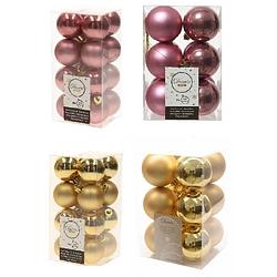 Foto van Kerstversiering kunststof kerstballen mix goud/ oud roze 4 en 6 cm pakket van 80x stuks - kerstbal