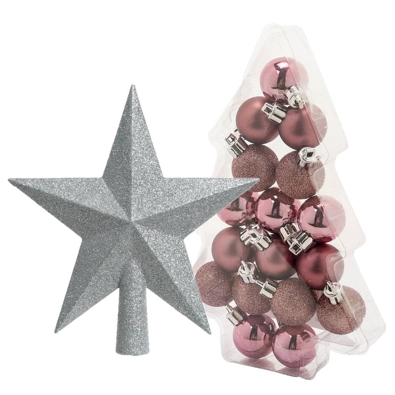 Foto van 17x stuks kerstballen roze 3 cm inclusief ster piek zilver kunststof - kerstbal