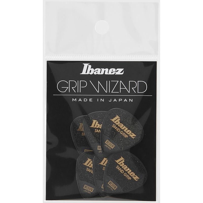 Foto van Ibanez ppa16msgbk grip wizard sand grip plectrumset 6-pack medium zwart