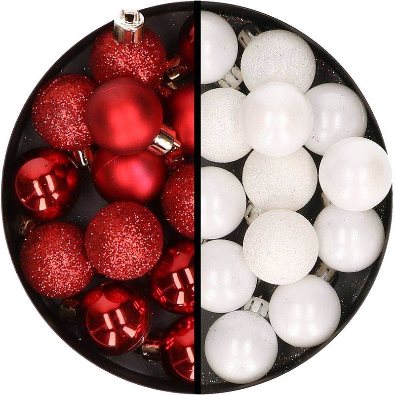 Foto van 34x stuks kunststof kerstballen rood en wit 3 cm - kerstbal