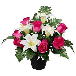 Foto van Louis maes kunstbloemen boeket lelie/roos in pot - wit/cerise - h30 cm - bloemstuk - bladgroen - kunstbloemen