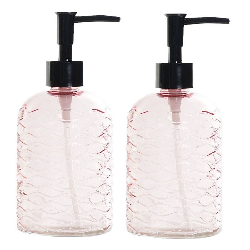 Foto van 2x stuks zeeppompjes/zeepdispensers roze van glas 450 ml - zeeppompjes