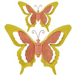Foto van Tuin/schutting decoratie vlinders - metaal - oranje - 17 x 13 cm - 36 x 27 cm - tuinbeelden