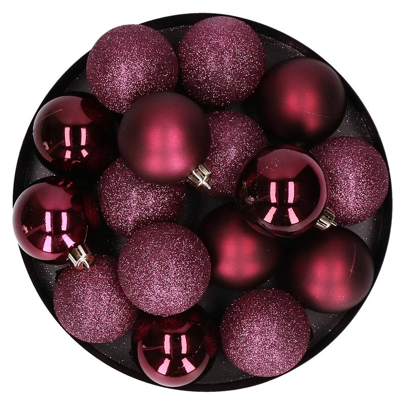 Foto van 12x stuks kunststof kerstballen aubergine roze 6 cm mat/glans/glitter - kerstbal