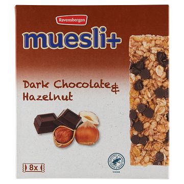Foto van Ravensbergen muesli+ dark chocolate & hazelnut 8 x 23g bij jumbo