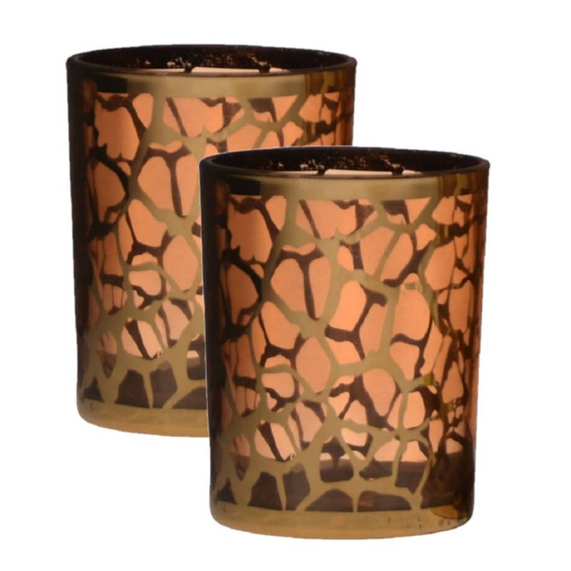 Foto van 2x stuks theelichthouders/waxinelichthouders giraffe print glas goud 12.5 x 10 cm - waxinelichtjeshouders