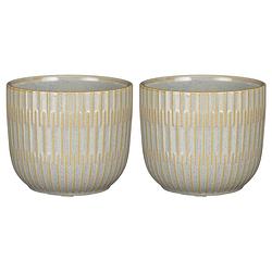 Foto van 2x stuks plantenpot/bloempot keramiek lichtgrijs stripes patroon - d11/h9 cm - plantenpotten