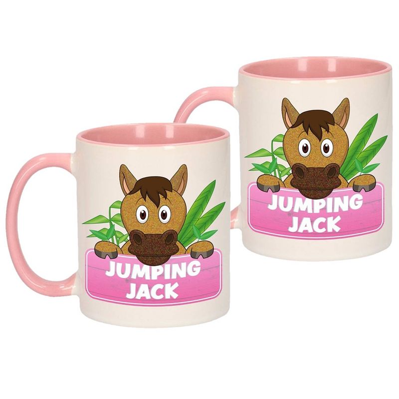 Foto van 2x stuks kinder paarden mok / beker jumping jack roze / wit 300 ml - bekers