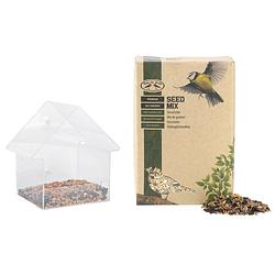 Foto van Kunststof vogel raamvoederhuis/voedersilo transparant 15 cm met 2.5 kilo vogelvoer - vogelvoederhuisjes