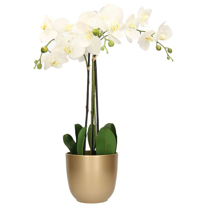 Foto van Orchidee kunstplant wit - 75 cm - inclusief bloempot goud glans - kunstplanten