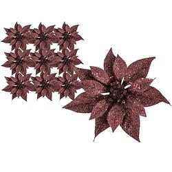 Foto van 10x stuks decoratie bloemen kerstster donkerrood glitter op clip 18 cm - kersthangers