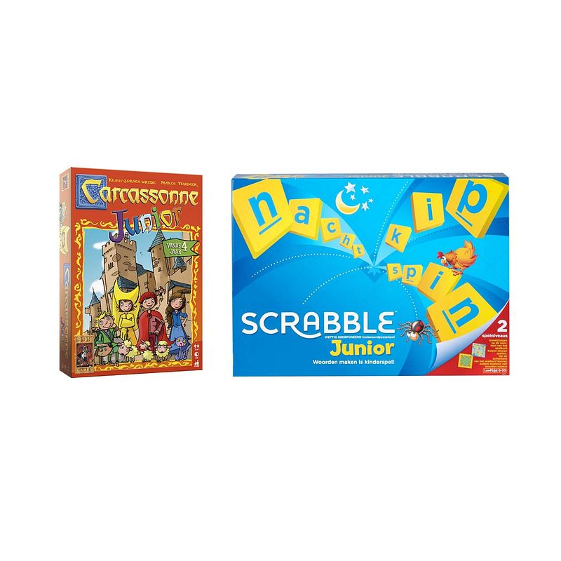 Foto van Spellenbundel - bordspel - 2 stuks - carcassonne junior & mattel scrabble junior