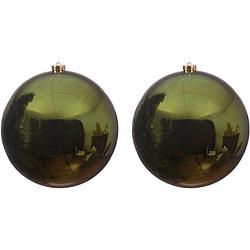 Foto van 2x grote raam/deur/kerstboom decoratie donkergroene kerstballen 14 cm glans - kerstbal