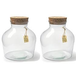 Foto van Set van 2x stuks transparante terrarium vaas/vazen van eco glas 17 x 21 cm met kurk dop/deksel - vazen