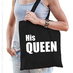 Foto van His queen tas / shopper zwart katoen met witte tekst voor dames - feest boodschappentassen