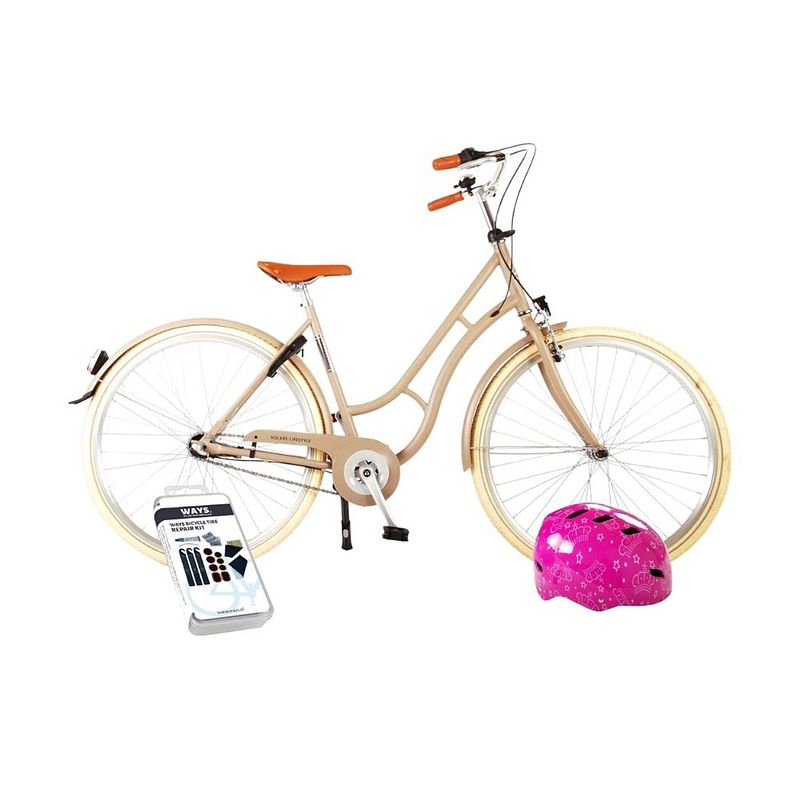 Foto van Volare kinderfiets lifestyle - 48 cm - zand - 3 versnellingen - lage zadelstand - met fietshelm & accessoires