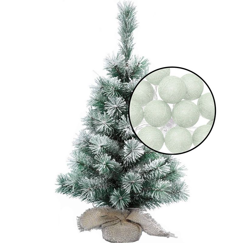 Foto van Mini kerstboom - besneeuwd -h60 cm - met lichtsnoer lichtgroen - kunstkerstboom