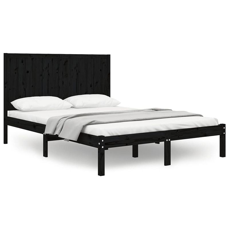 Foto van The living store houten bedframe - massief grenenhout - 195.5 x 125.5 x 31 cm - klassiek hoofdeinde - zwart