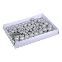 Foto van 100x zilveren glitter mini kerstballen stekers kunststof 2, 3 en 4 cm - kerststukje maken onderdelen