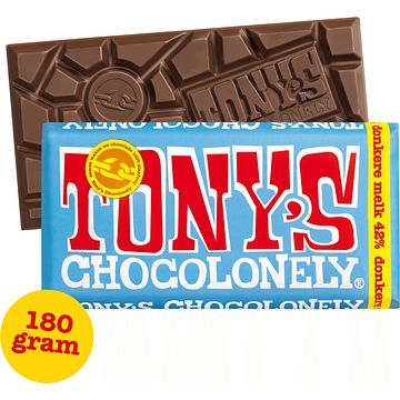 Foto van 2 voor € 4,50 | tony's chocolonely donkere melk chocolade reep 42% 180g aanbieding bij jumbo