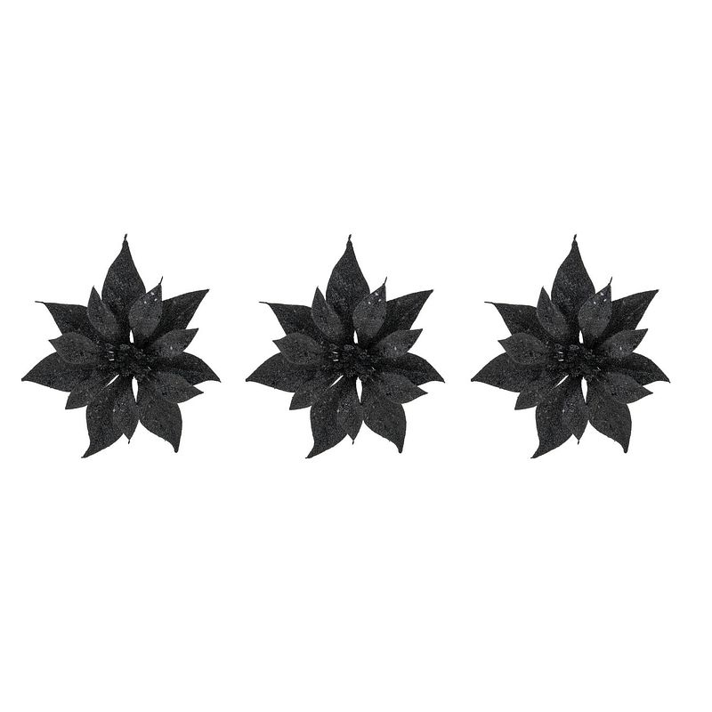 Foto van 6x stuks decoratie bloemen kerstster zwart glitter op clip 18 cm - kersthangers