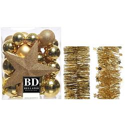 Foto van Kerstversiering kerstballen 5-6-8 cm met ster piek en folieslingers pakket goud van 35x stuks - kerstbal