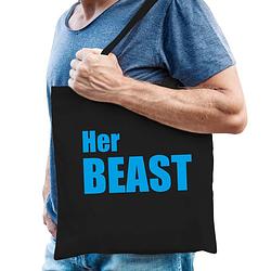 Foto van Her beast tas / shopper zwart katoen met blauwe tekst voor heren - feest boodschappentassen