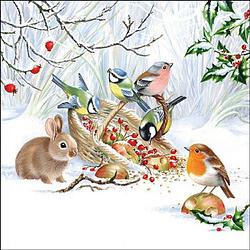 Foto van 40x stuks diner/lunch servetten 33 x 33 cm winter konijn en vogels - feestservetten