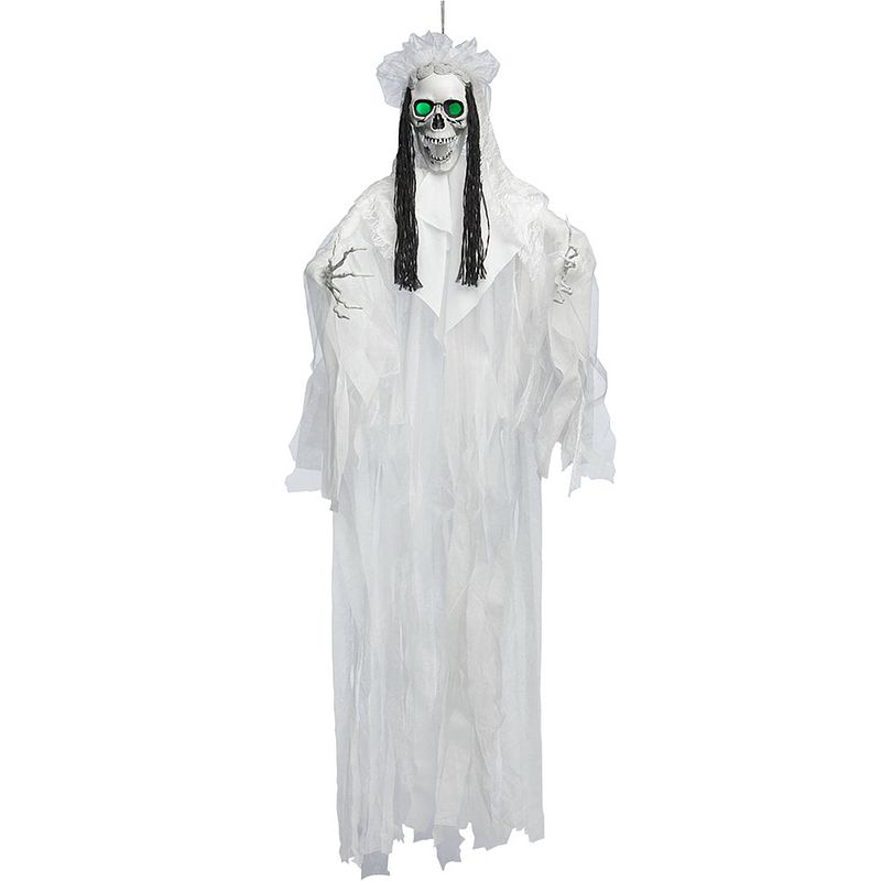 Foto van Halloween/horror thema hang decoratie spook/geest/skelet - met led licht - griezel pop - 160 cm - feestdecoratievoorwerp