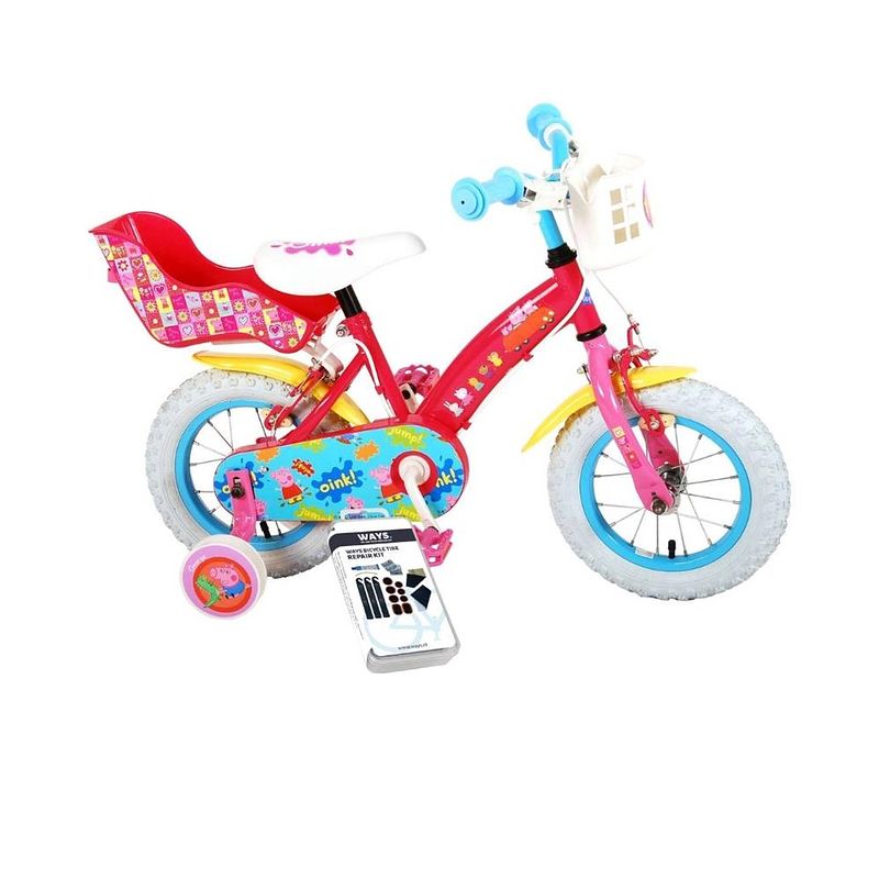 Foto van Volare kinderfiets peppa pig - 12 inch - roze - twee handremmen - inclusief ways bandenplakset