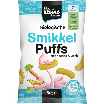 Foto van De kleine keuken biologische smikkel puffs met banaan & wortel 7+ maanden 30g bij jumbo