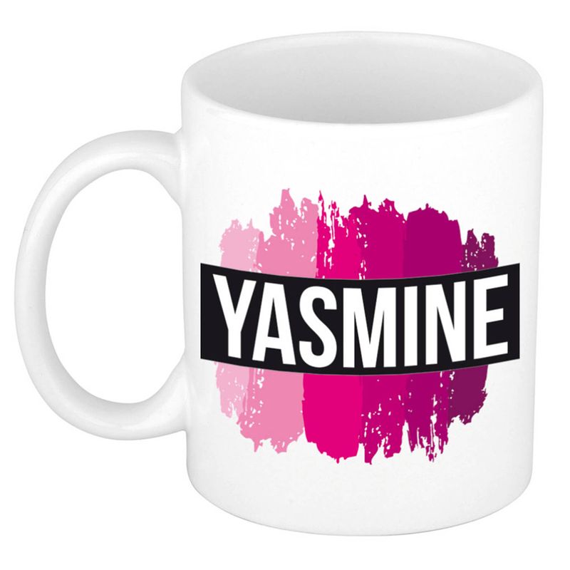 Foto van Naam cadeau mok / beker yasmine met roze verfstrepen 300 ml - naam mokken