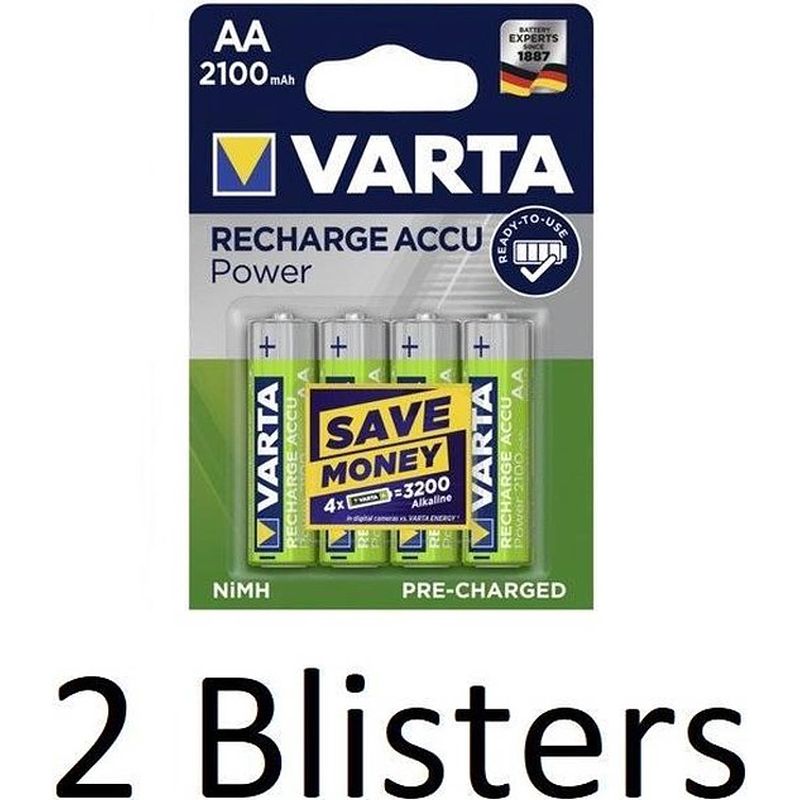 Foto van 8 stuks (2 blisters a 4 st) varta oplaadbare batterij recharge accu power aa 2100mah