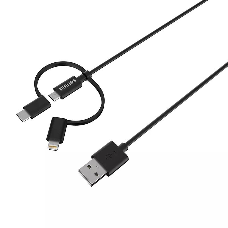 Foto van Philips dlc3106t/03 3-in-1 oplaadkabel - lightning usb-kabel, micro-usb, usb-c - iphone - samsung - 2 meter - zwart